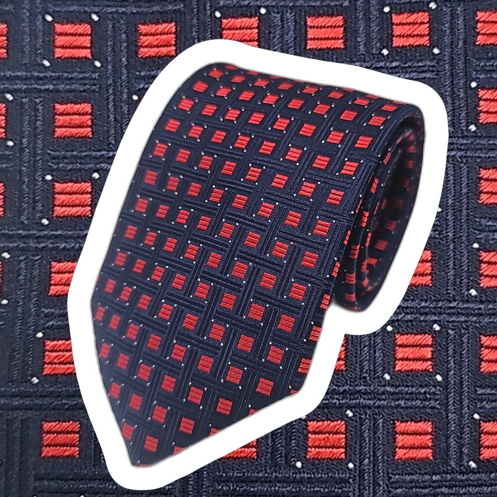 Camicissima Blue Geometric Silk Tie Hand Made Red Squares Classic 60.2"